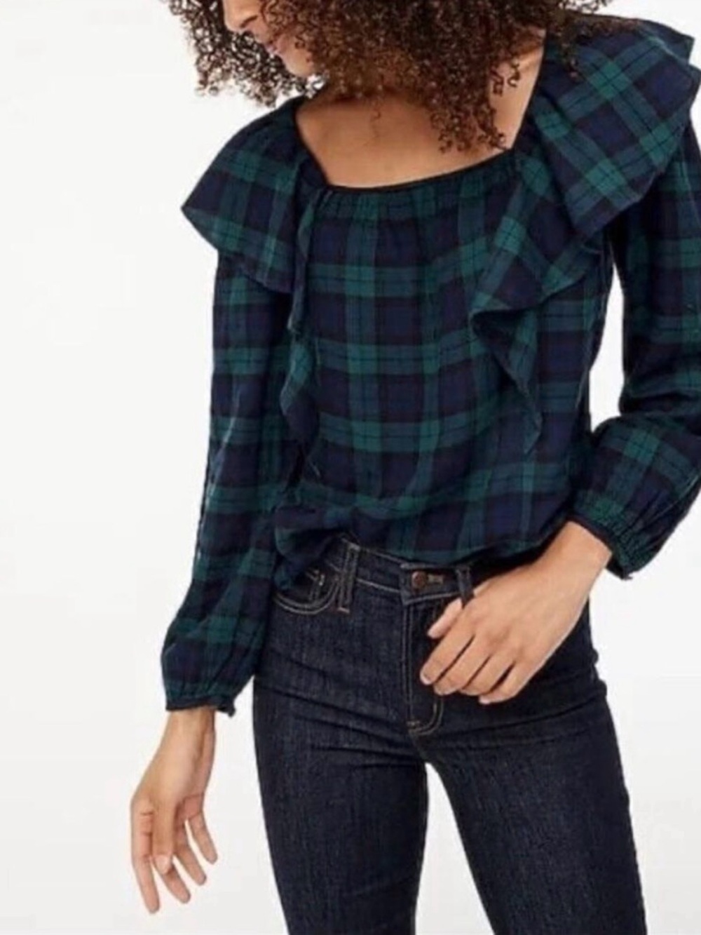 J. Crew Blue & Green Plaid Long Sleeve  Flannel Square Neck Ruffle Top | Size S